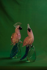 Pair of Murano Style Hand-Blown Cockatoo Parrot Glass Sculptures
