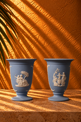 Vintage Neoclassical Blue Relief Urn Pair