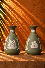 Pair of Olive Green Classical Relief Vases