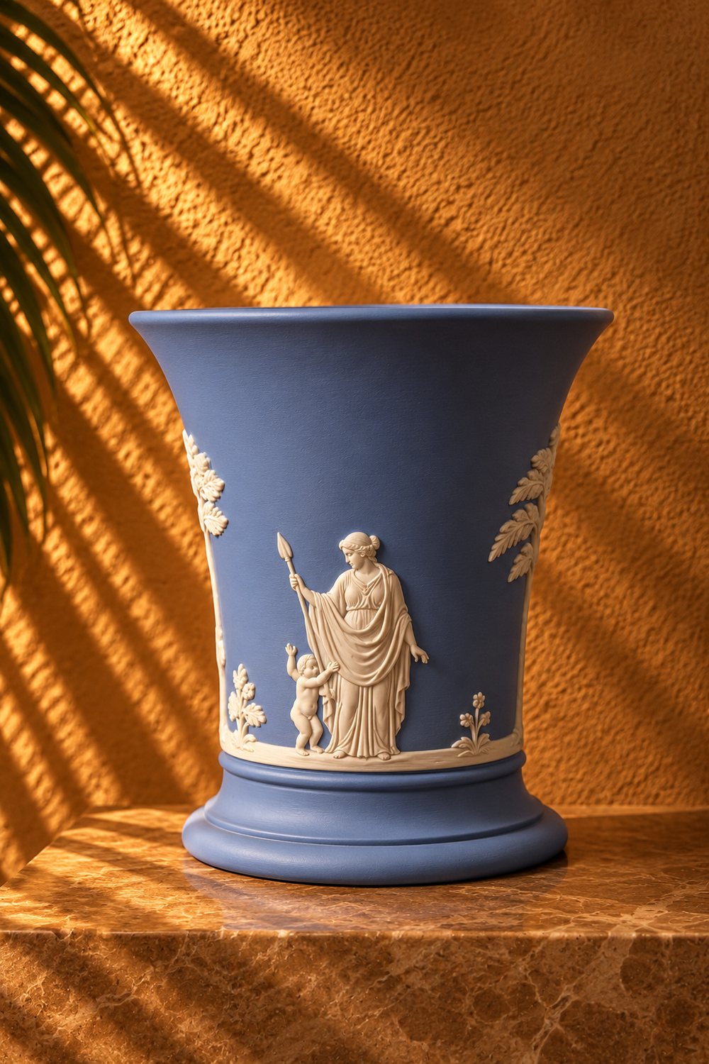Vintage Blue Neoclassical Relief Pedestal Vase