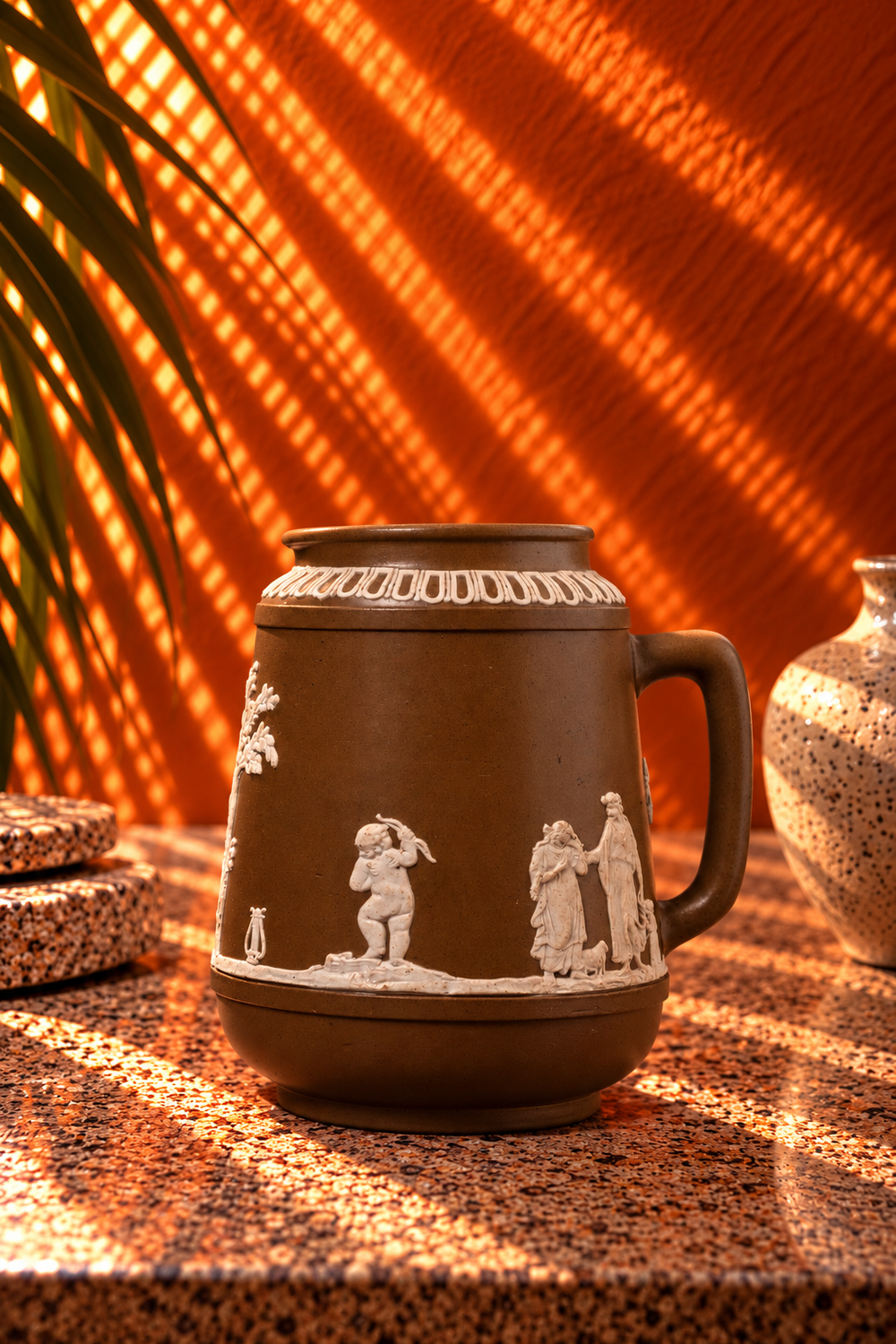Antique Brown Neoclassical Relief Tankard