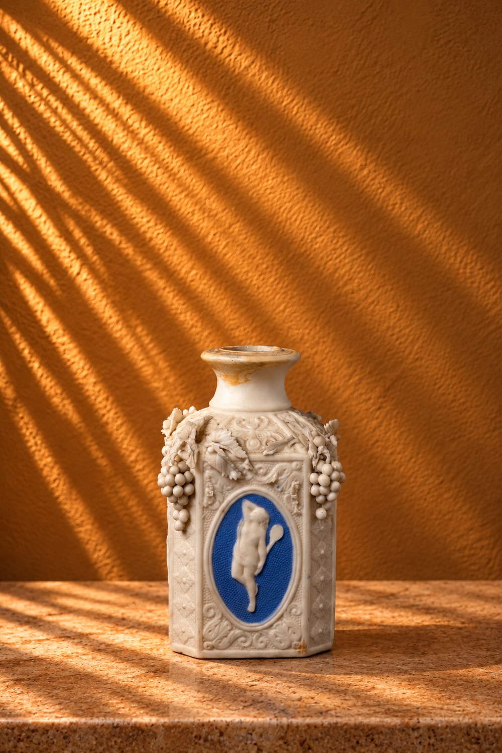 Vintage White Ceramic Relief Vase with Blue Cameo Medallion