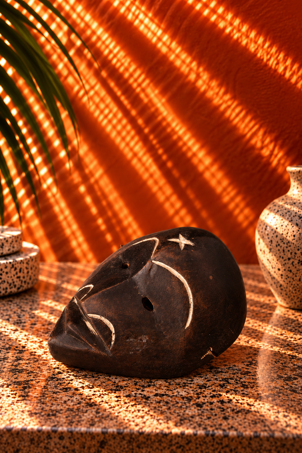 Vintage Hand-Carved Wooden Tribal Mask with Inlaid Detailing