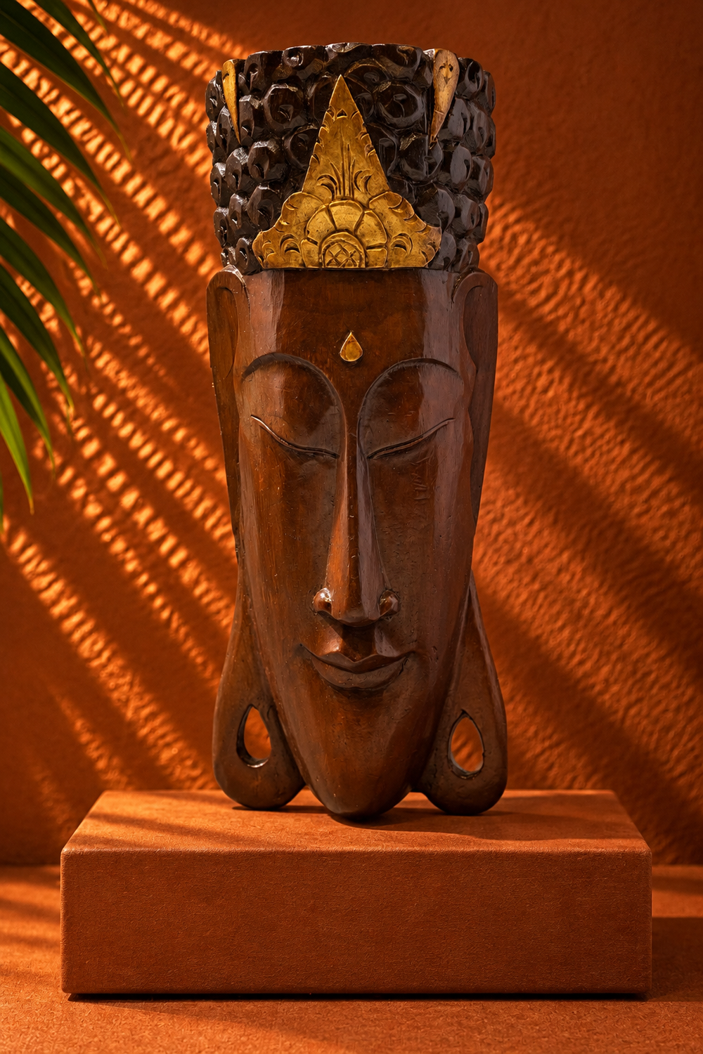 Hand-Carved Wooden Ceremonial Head with Gilded Crown – Decorative Sculpture