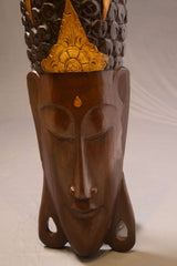 Hand-Carved Wooden Ceremonial Head with Gilded Crown – Decorative Sculpture