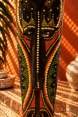 Hand-Carved African Wooden Mask with Vibrant Dot-Painted Motifs