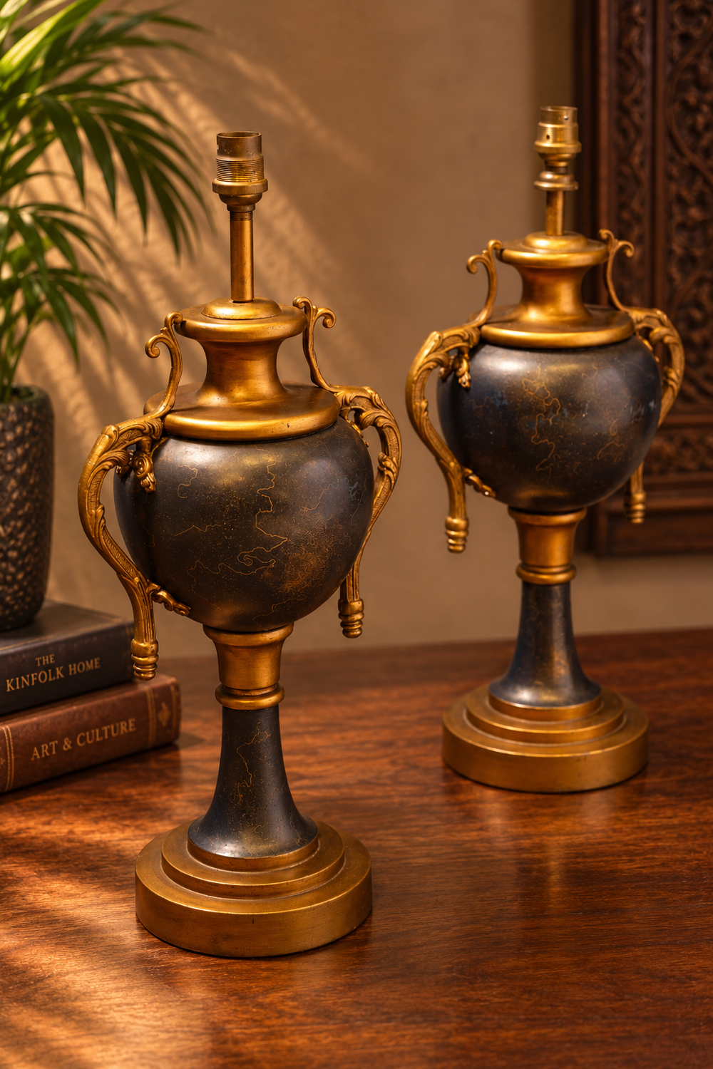 Antique Brass & Black Ornate Table Lamps – Vintage Pair