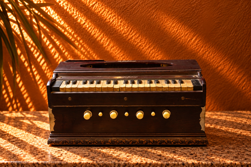 Vintage Wooden Harmonium with Ornate Brass Detailing