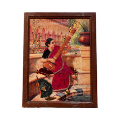 Vintage Indian Classical Painting of a Woman Playing Veena in a Palace Courtyard
