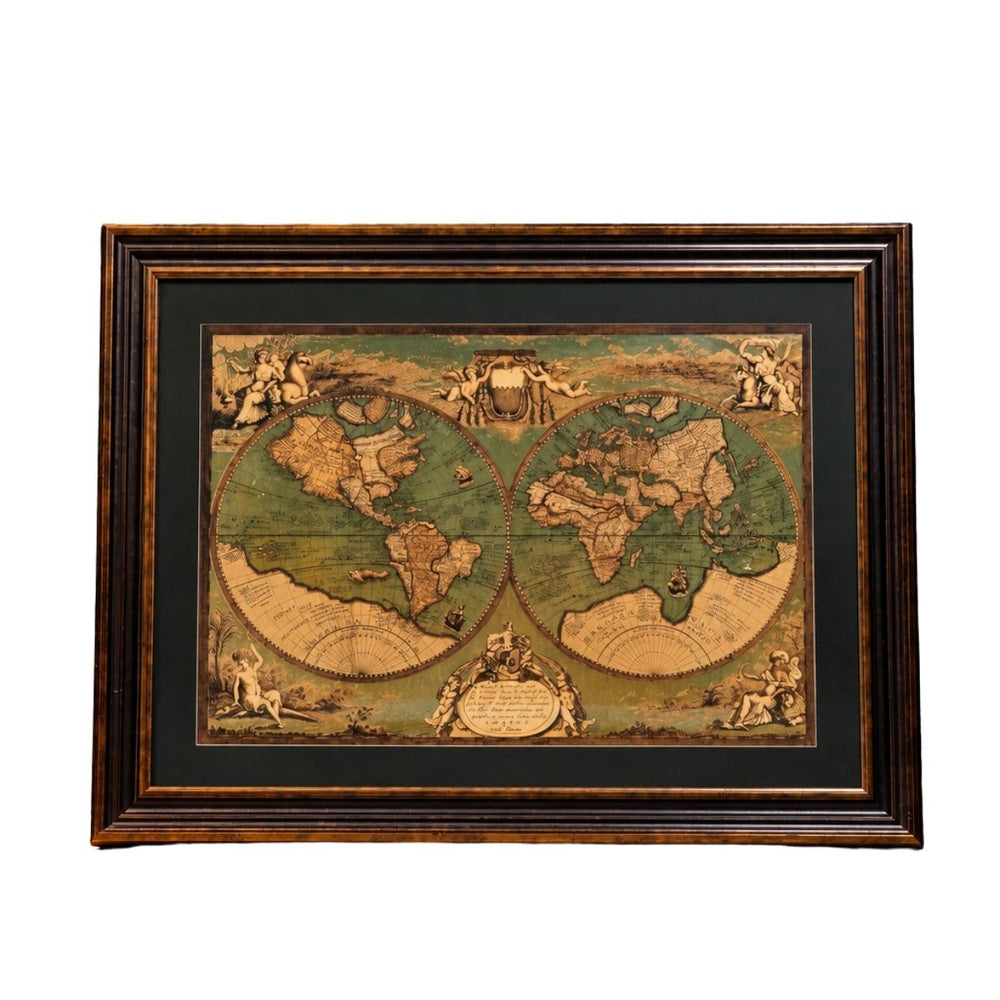 Vintage Antique-Style Double Hemisphere World Map in Ornate Wooden Frame