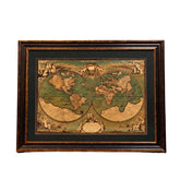 Vintage Antique-Style Double Hemisphere World Map in Ornate Wooden Frame