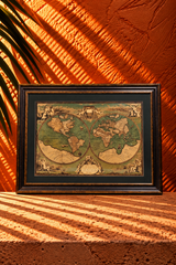 Vintage Antique-Style Double Hemisphere World Map in Ornate Wooden Frame