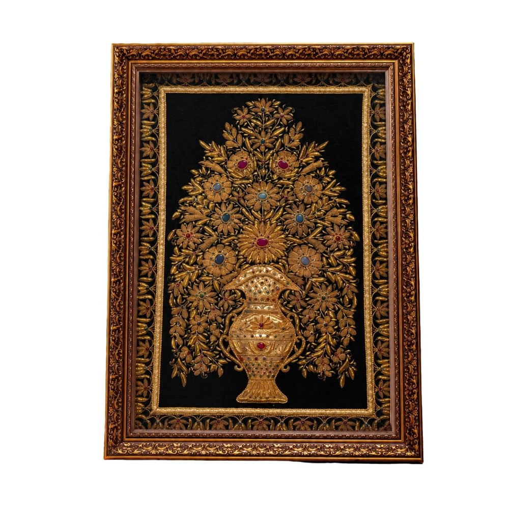 Ornate Golden Floral Tree Artwork with Jeweled Detailing in Decorative Frame