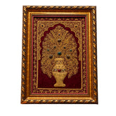 Ornate Golden Floral Tree Artwork on Burgundy Background in Decorative Gold Frame
