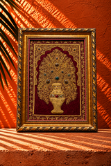 Ornate Golden Floral Tree Artwork on Burgundy Background in Decorative Gold Frame