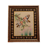Vintage Framed Artwork of Two Birds on a Branch with Ornate Floral Border