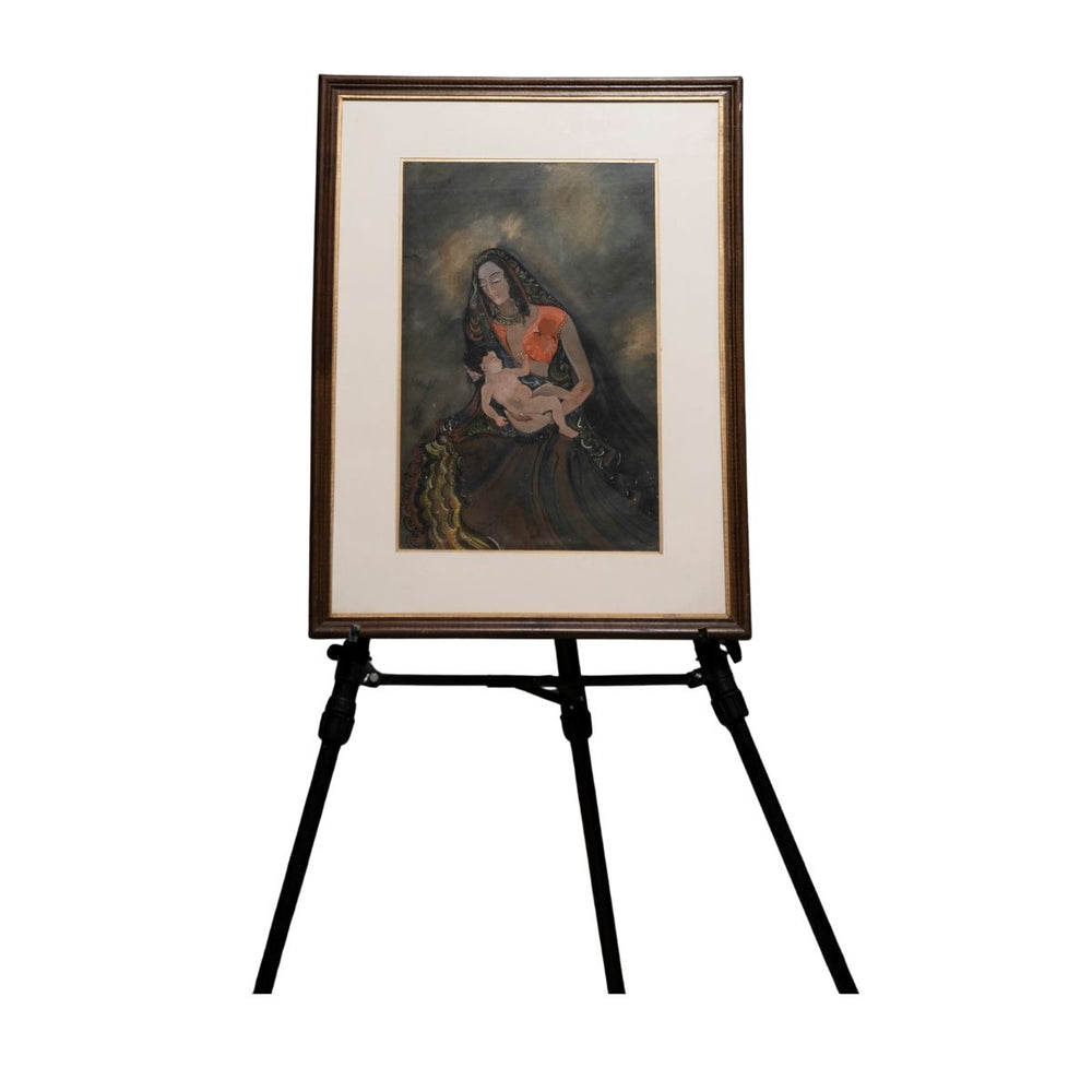 Vintage Indian Figurative Artwork – Mother and Child in Traditional Attire