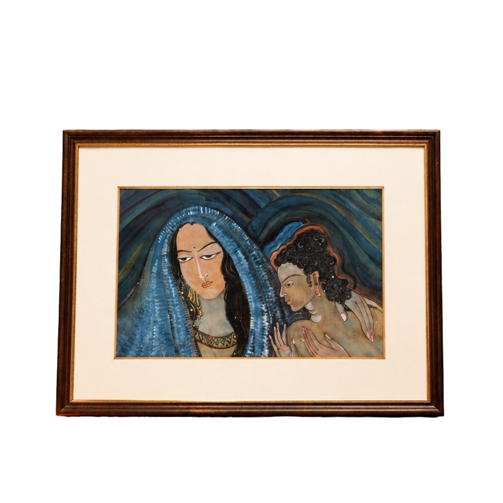 Vintage Indian Figurative Painting of a Woman and Child in an Ornate Wooden Frame