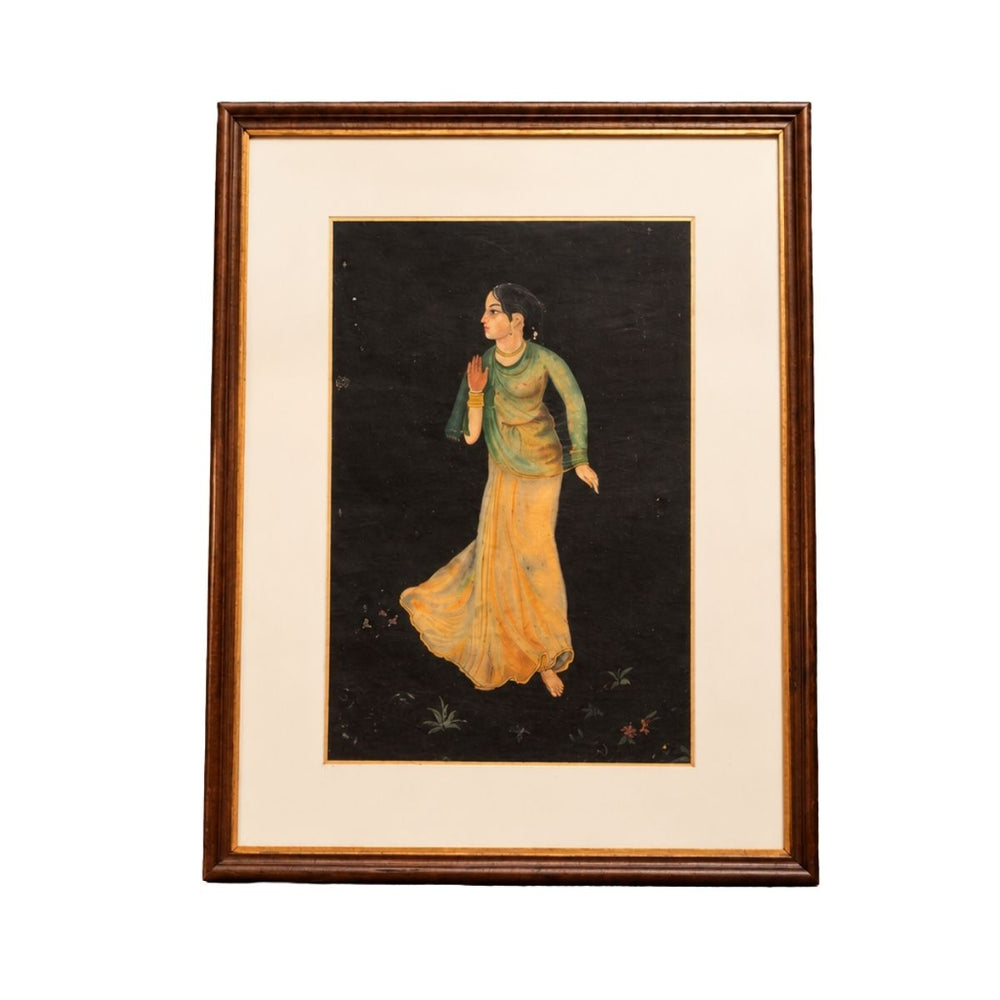 Vintage Framed Indian Painting of a Woman in Traditional Attire