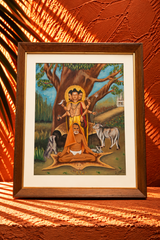 Vintage Devotional Painting of Lord Dattatreya with a Meditating Sage