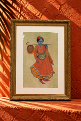 Traditional Indian Miniature Painting of a Blue-Skinned Flute-Bearing Figure in Ornate Gold Frame