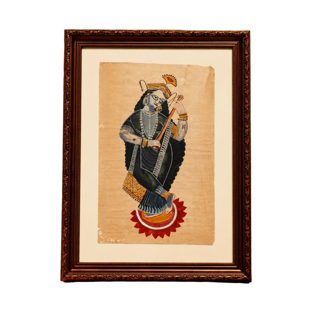Traditional Indian Miniature Painting of Krishna with Veena