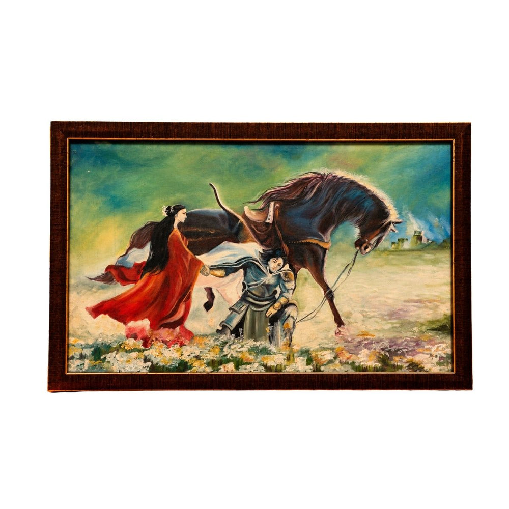 Romantic Fantasy Painting of a Woman, Horse and Armoured Rider