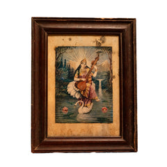 Vintage Framed Saraswati with Veena – Traditional Indian Art Print