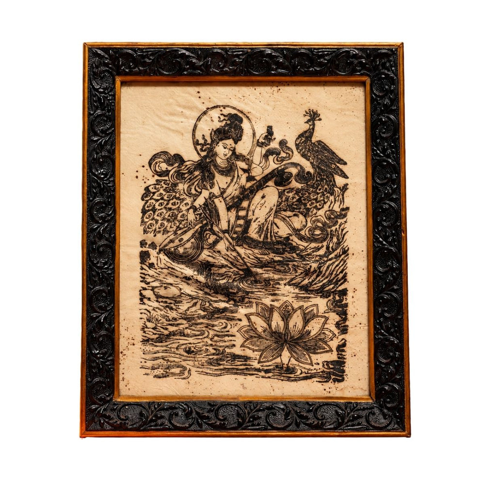 Vintage Indian Artwork of Goddess Saraswati with Peacock and Veena