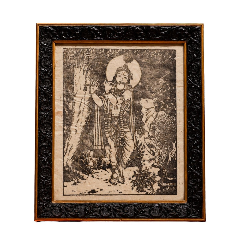 Traditional Krishna with Cow – Monochrome Folk Art Framed Artwork