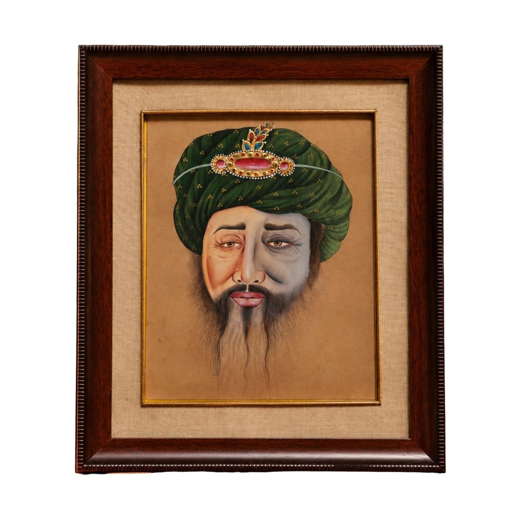 Traditional Portrait of a Nobleman in Jeweled Green Turban – Framed Artwork