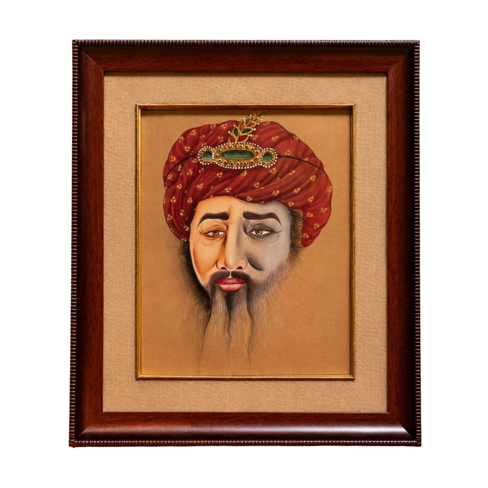Traditional Portrait of a Nobleman in Ornate Maroon Turban – Framed Artwork