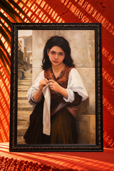 Classical Portrait of a Young Woman Knitting – Framed Fine Art Painting