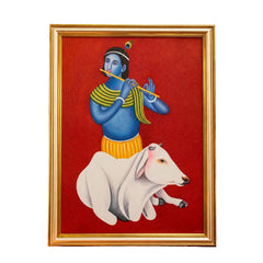 Lord Krishna with Flute and Sacred Cow – Traditional Indian Artwork
