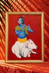 Lord Krishna with Flute and Sacred Cow – Traditional Indian Artwork