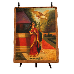 Traditional Indian Woman with White Bird – Vintage Figurative Artwork