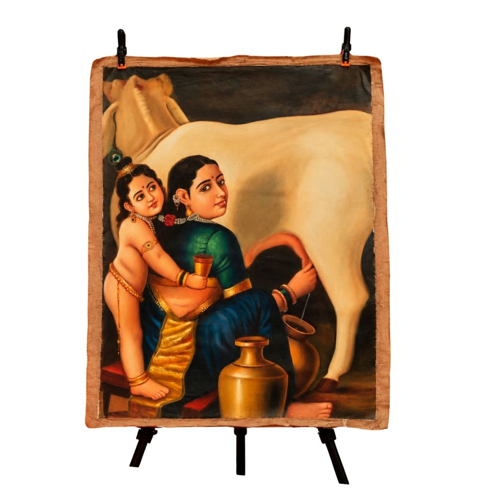 Traditional Indian Mother and Child with Sacred Cow – Vintage Figurative Artwork
