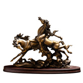 Antique Bronze Galloping Horses Sculpture on Wooden Base