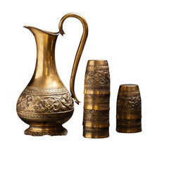 Antique Brass Pitcher and Six Ornately Engraved Cups Set
