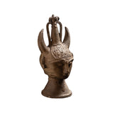 Vintage Tribal Bronze Bust with Ornate Horned Headdress