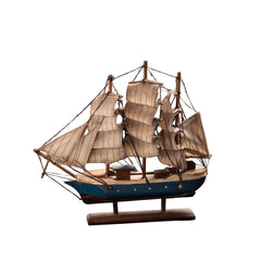 Vintage Wooden Sailing Ship Model with Blue Hull and Cream Sails