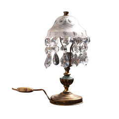 Vintage Brass Table Lamp with Crystal Drops and Etched Glass Shade