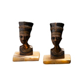 Pair of Antique Egyptian Bronze Bust Sculptures on Stone Bases