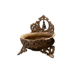 Antique Brass Ornate Decorative Bowl with Suspended Bell and Filigree Stand