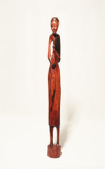 Vintage African Tribal Woman with Water Gourd Hand-Carved Wood Sculpture