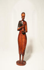 Vintage African Tribal Figure Holding a Water Gourd Hand-Carved Wood Sculpture