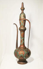 Vintage Kashmiri Etched Brass Aftaba / Enamelled Surahi Pitcher