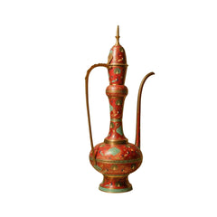 Vintage Indian Etched Red and Turquoise Enamel Brass Aftaba