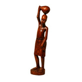 Vintage African Tribal Woman Carrying Water Pot Hand-Carved Wood Sculpture