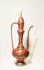 Vintage Indian Etched Red and Turquoise Enamel Brass Aftaba